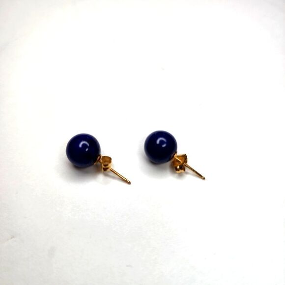 Round Blue Lapis And 14K Gold Earrings Pierced - Picture 1 of 2